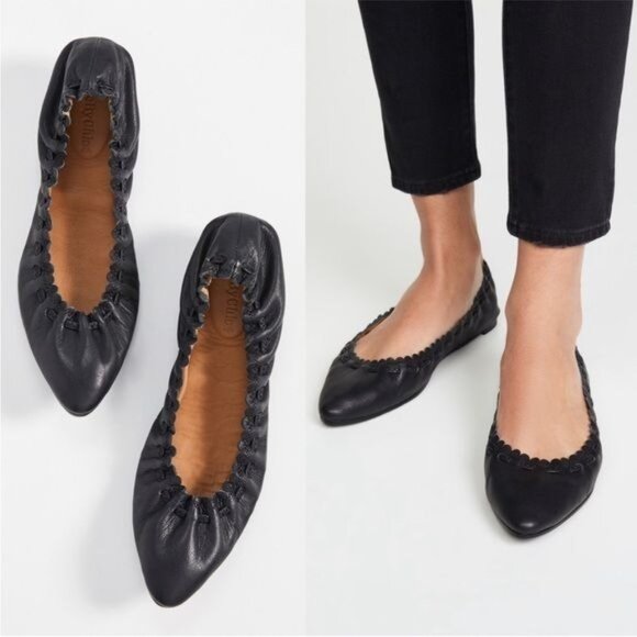 See by Chloe Jane Point Ballet Flat black leather scalloped ballerina size 10 - Picture 1 of 13